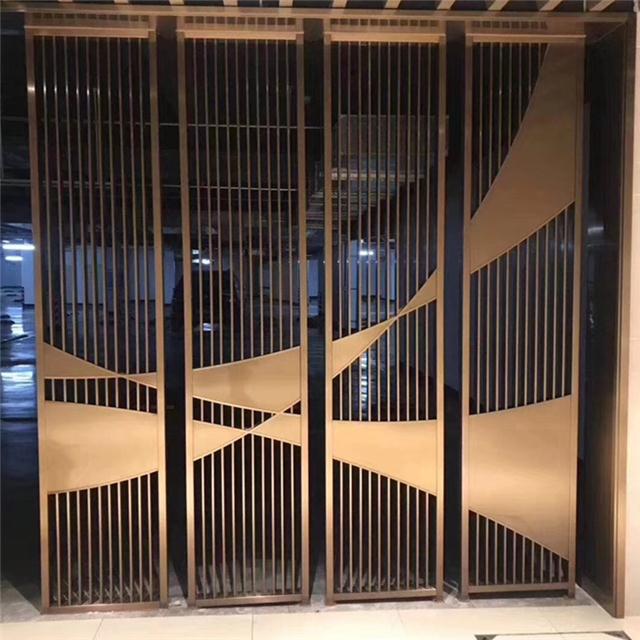 簡約現代玄關客廳玫瑰金鏤空雕花金屬隔斷裝飾定制